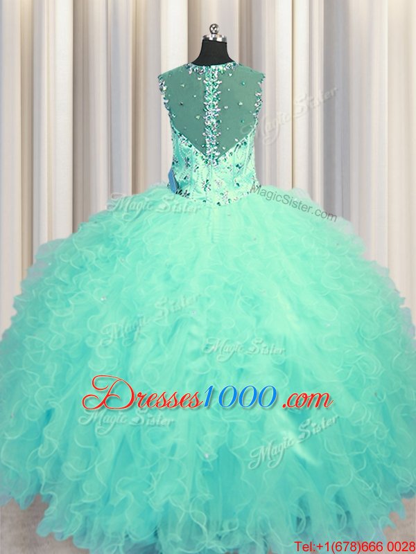 Custom Made See Through Zipper Up Aqua Blue Sleeveless Beading and Ruffles Floor Length Quinceanera Dresses