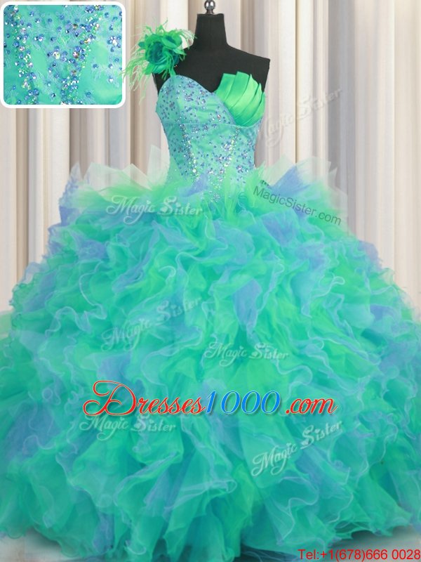 Cute One Shoulder Handcrafted Flower Floor Length Multi-color Quinceanera Dress Tulle Sleeveless Beading and Ruffles and Hand Made Flower