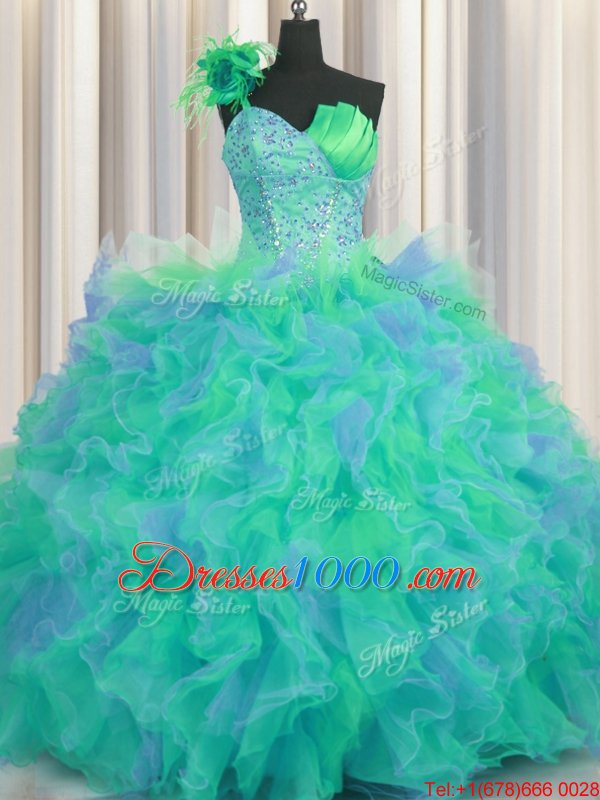 Cute One Shoulder Handcrafted Flower Floor Length Multi-color Quinceanera Dress Tulle Sleeveless Beading and Ruffles and Hand Made Flower