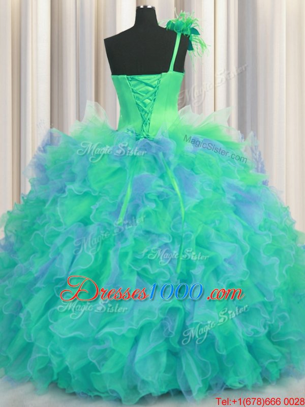 Cute One Shoulder Handcrafted Flower Floor Length Multi-color Quinceanera Dress Tulle Sleeveless Beading and Ruffles and Hand Made Flower