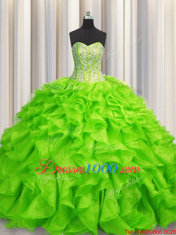 Custom Designed Visible Boning Beading and Ruffles Quinceanera Gown Lace Up Sleeveless Floor Length