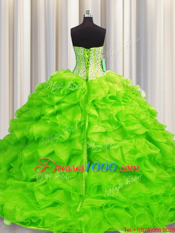 Custom Designed Visible Boning Beading and Ruffles Quinceanera Gown Lace Up Sleeveless Floor Length