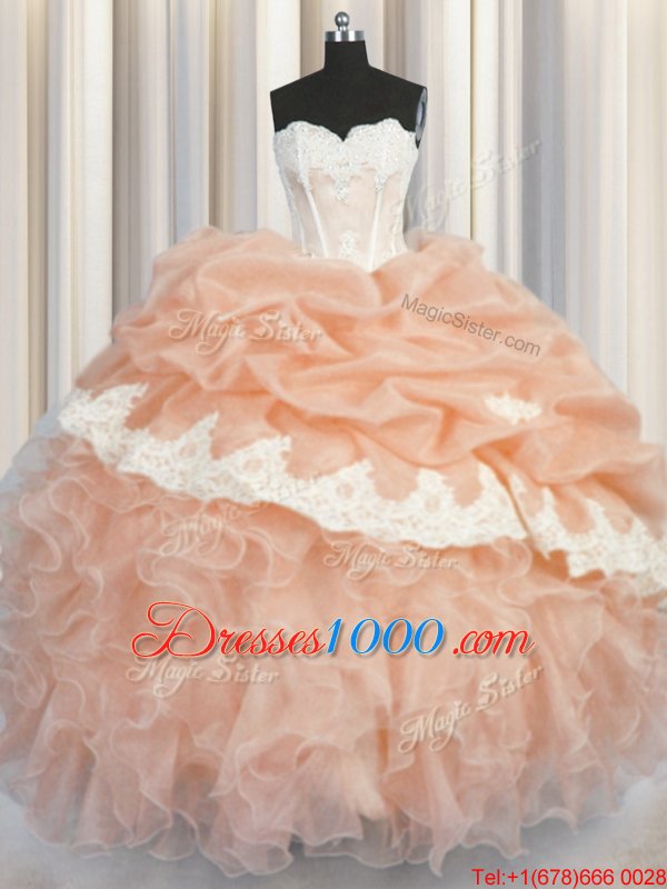 Comfortable Organza Sweetheart Sleeveless Lace Up Appliques and Ruffles and Pick Ups Ball Gown Prom Dress in Peach
