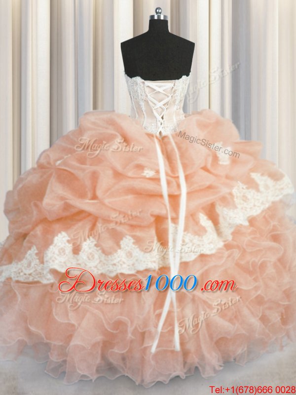 Comfortable Organza Sweetheart Sleeveless Lace Up Appliques and Ruffles and Pick Ups Ball Gown Prom Dress in Peach