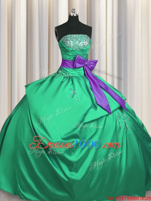 Flare Green Ball Gowns Satin Strapless Sleeveless Beading and Pick Ups and Bowknot Floor Length Lace Up Sweet 16 Dress