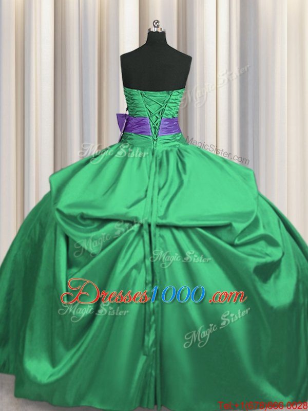 Flare Green Ball Gowns Satin Strapless Sleeveless Beading and Pick Ups and Bowknot Floor Length Lace Up Sweet 16 Dress