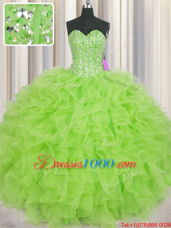 Visible Boning Ball Gowns Organza Sweetheart Sleeveless Beading and Ruffles Floor Length Lace Up Quinceanera Gown