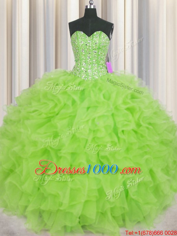 Visible Boning Ball Gowns Organza Sweetheart Sleeveless Beading and Ruffles Floor Length Lace Up Quinceanera Gown