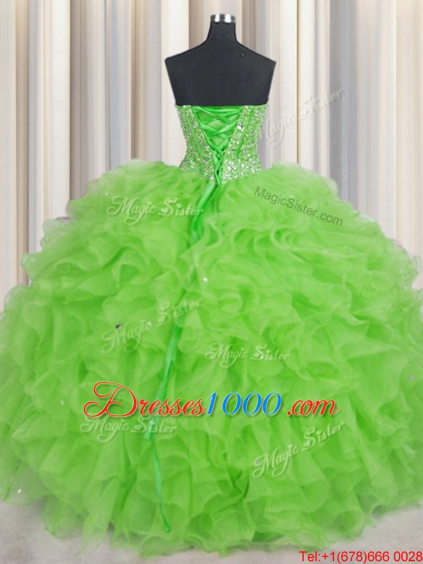 Visible Boning Ball Gowns Organza Sweetheart Sleeveless Beading and Ruffles Floor Length Lace Up Quinceanera Gown