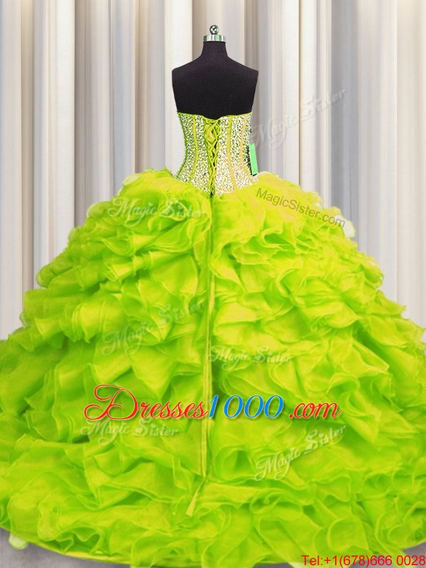 Glorious Visible Boning Sweetheart Sleeveless Lace Up Sweet 16 Dress Yellow Green Organza