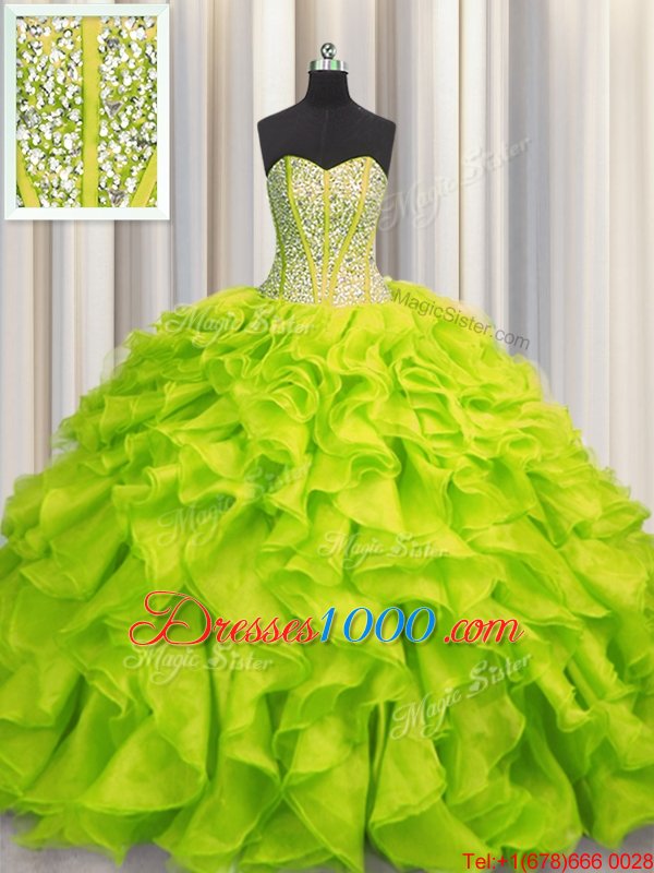 Glorious Visible Boning Sweetheart Sleeveless Lace Up Sweet 16 Dress Yellow Green Organza