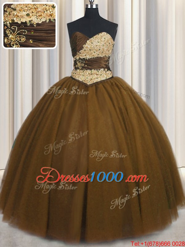 Custom Designed Brown 15 Quinceanera Dress Military Ball and Sweet 16 and Quinceanera and For with Beading and Appliques and Ruching and Belt Sweetheart Sleeveless Lace Up