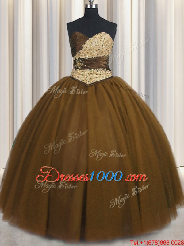 Custom Designed Brown 15 Quinceanera Dress Military Ball and Sweet 16 and Quinceanera and For with Beading and Appliques and Ruching and Belt Sweetheart Sleeveless Lace Up