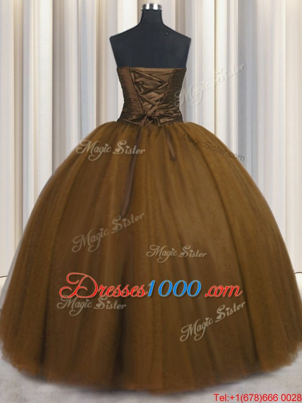 Custom Designed Brown 15 Quinceanera Dress Military Ball and Sweet 16 and Quinceanera and For with Beading and Appliques and Ruching and Belt Sweetheart Sleeveless Lace Up