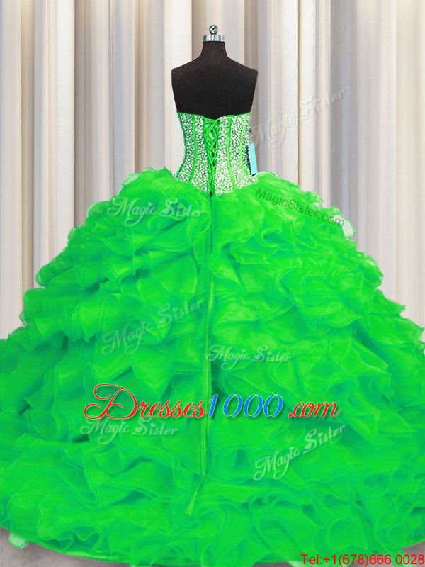 Top Selling Visible Boning Green Sleeveless Brush Train Beading and Ruffles Quinceanera Gown