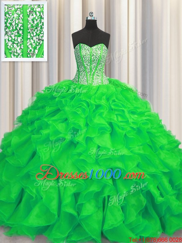 Top Selling Visible Boning Green Sleeveless Brush Train Beading and Ruffles Quinceanera Gown