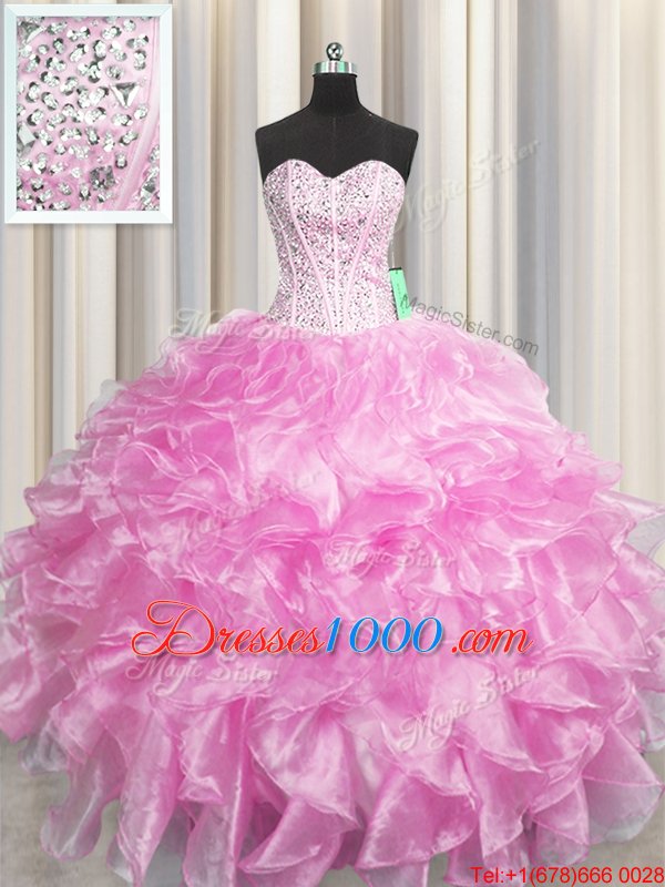 Admirable Visible Boning Zipper Up Rose Pink Sweetheart Neckline Beading and Ruffles Quince Ball Gowns Sleeveless Zipper