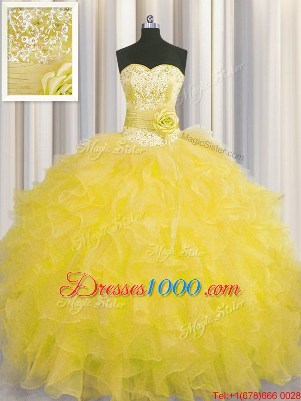 Cheap Handcrafted Flower Sweetheart Sleeveless Lace Up Quinceanera Gown Gold Organza