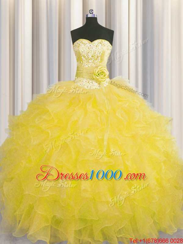 Cheap Handcrafted Flower Sweetheart Sleeveless Lace Up Quinceanera Gown Gold Organza