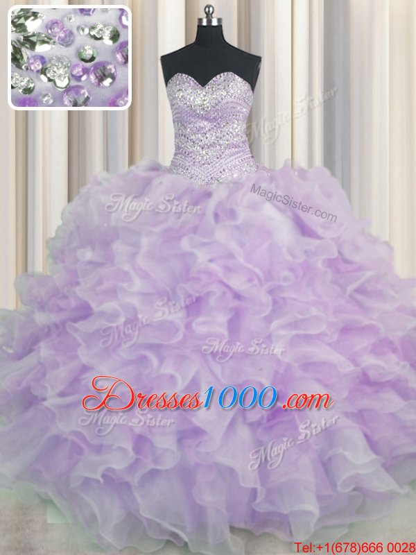 Lavender Organza Lace Up Quinceanera Dresses Sleeveless Floor Length Beading and Ruffles