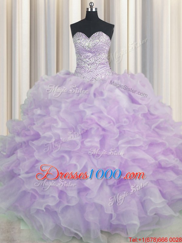 Lavender Organza Lace Up Quinceanera Dresses Sleeveless Floor Length Beading and Ruffles