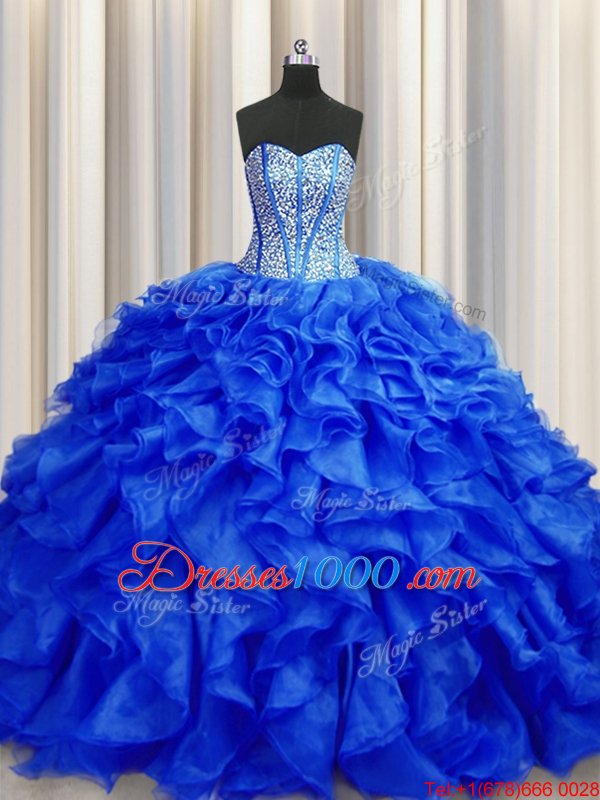 Trendy Visible Boning Brush Train Ball Gowns Quinceanera Dress Royal Blue Sweetheart Organza Sleeveless Lace Up