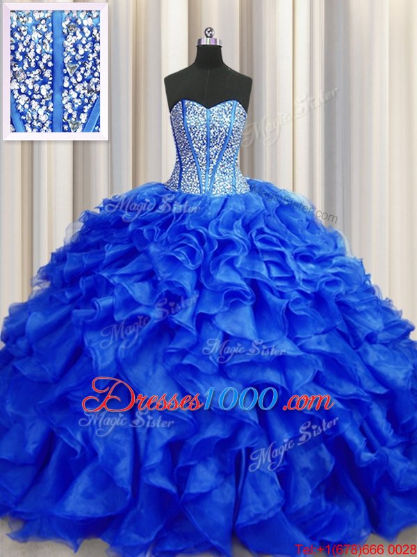 Trendy Visible Boning Brush Train Ball Gowns Quinceanera Dress Royal Blue Sweetheart Organza Sleeveless Lace Up