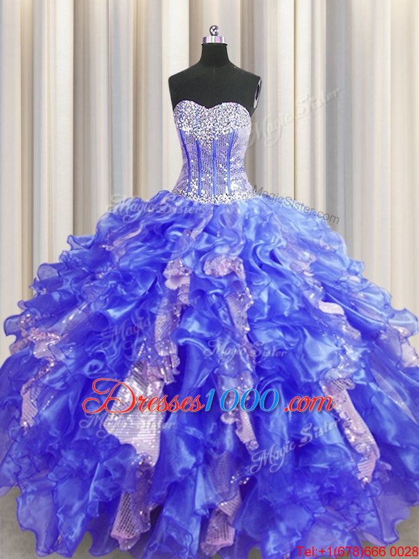 Fitting Visible Boning Royal Blue Organza and Sequined Lace Up Sweet 16 Dresses Sleeveless Floor Length Beading and Ruffles and Sequins