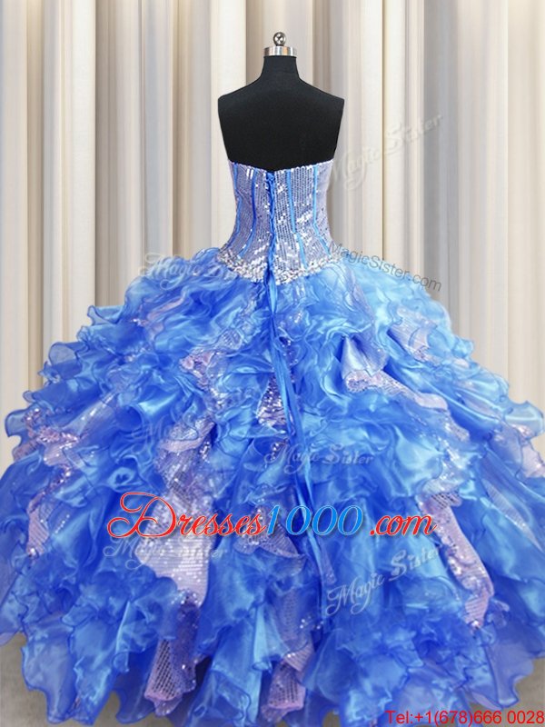 Fitting Visible Boning Royal Blue Organza and Sequined Lace Up Sweet 16 Dresses Sleeveless Floor Length Beading and Ruffles and Sequins