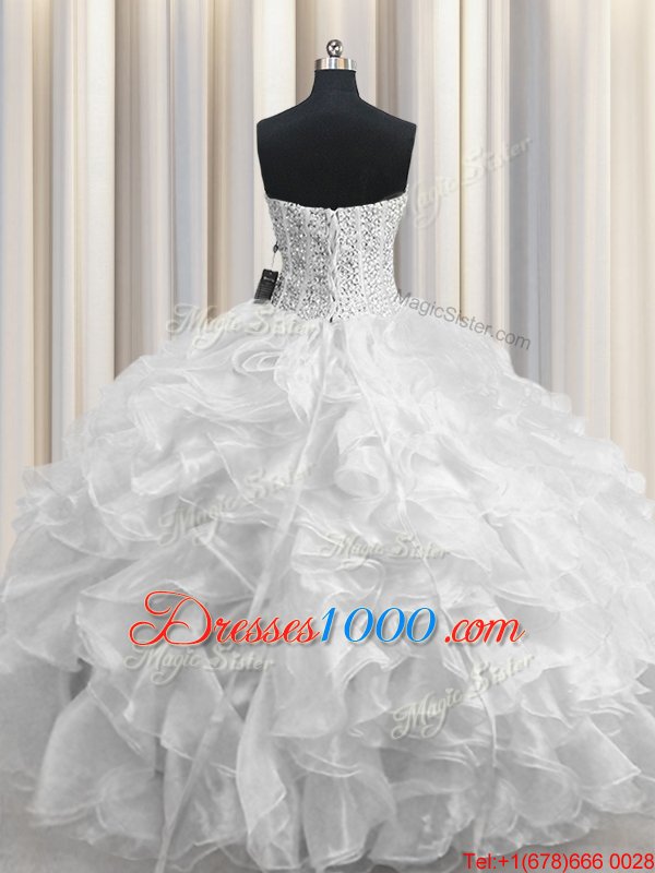 Comfortable Visible Boning White Organza Lace Up Sweetheart Sleeveless Floor Length Quinceanera Dress Beading and Ruffles