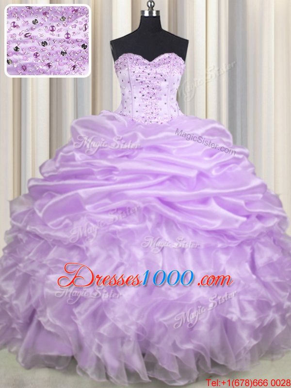 Lavender Quinceanera Gowns Military Ball and Sweet 16 and Quinceanera and For with Beading and Ruffles and Pick Ups Sweetheart Sleeveless Brush Train Lace Up