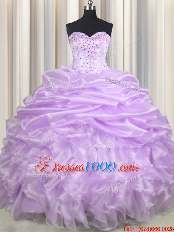 Lavender Quinceanera Gowns Military Ball and Sweet 16 and Quinceanera and For with Beading and Ruffles and Pick Ups Sweetheart Sleeveless Brush Train Lace Up
