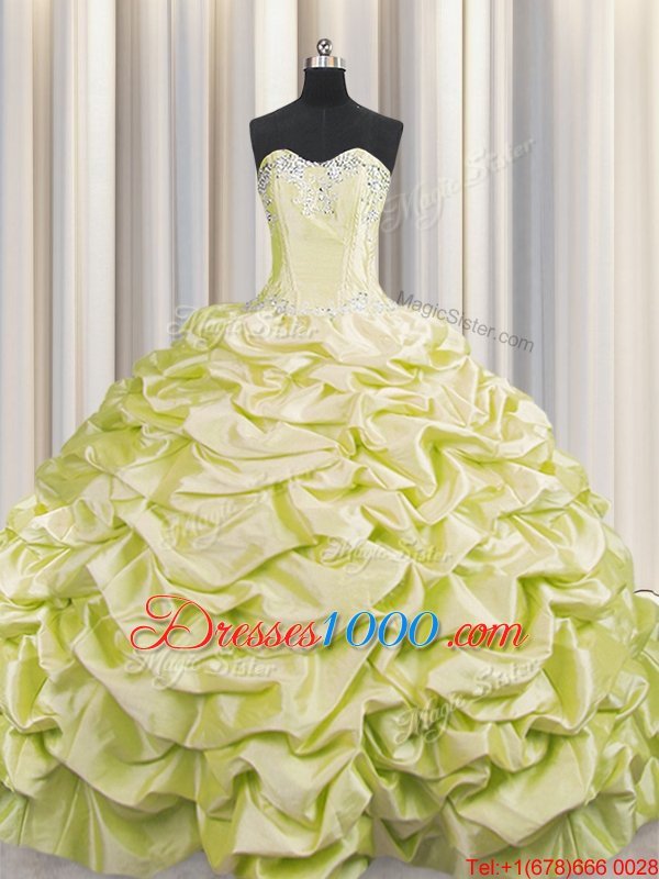 Popular Brush Train Light Yellow Sleeveless Beading and Pick Ups Lace Up 15 Quinceanera Dress