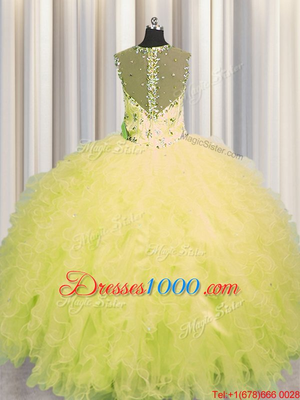 See Through Zipper Up Sleeveless Tulle Floor Length Zipper Quinceanera Gowns in Yellow for with Beading and Ruffles