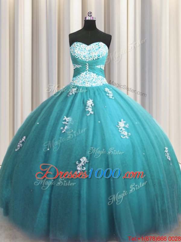 Top Selling Teal Halter Top Lace Up Beading and Appliques Quinceanera Dress Sleeveless