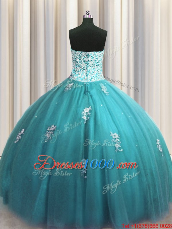 Top Selling Teal Halter Top Lace Up Beading and Appliques Quinceanera Dress Sleeveless