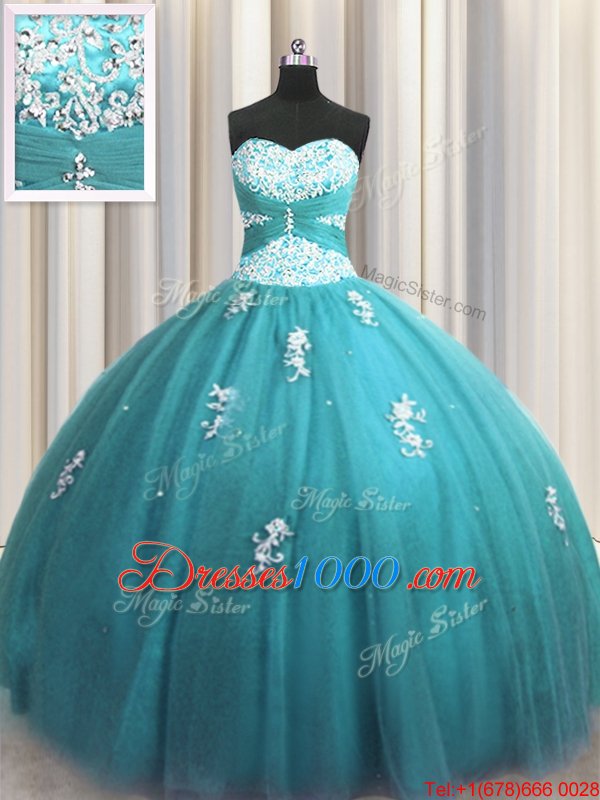 Top Selling Teal Halter Top Lace Up Beading and Appliques Quinceanera Dress Sleeveless