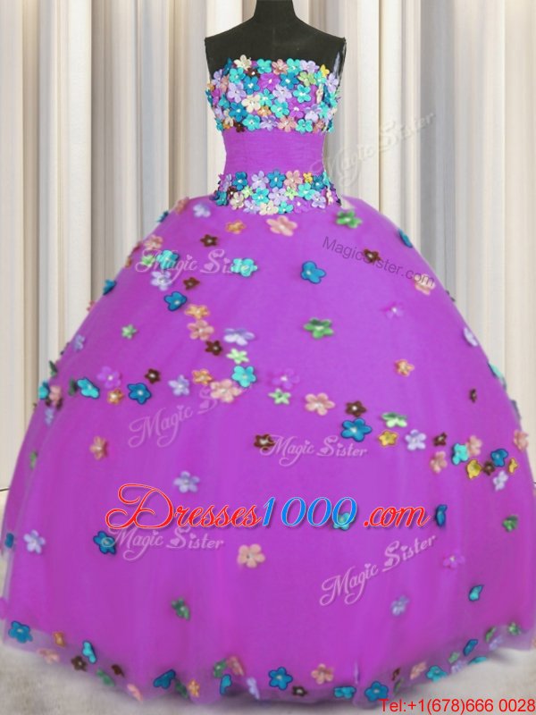 Fitting Purple Ball Gowns Hand Made Flower 15th Birthday Dress Lace Up Tulle Sleeveless Floor Length