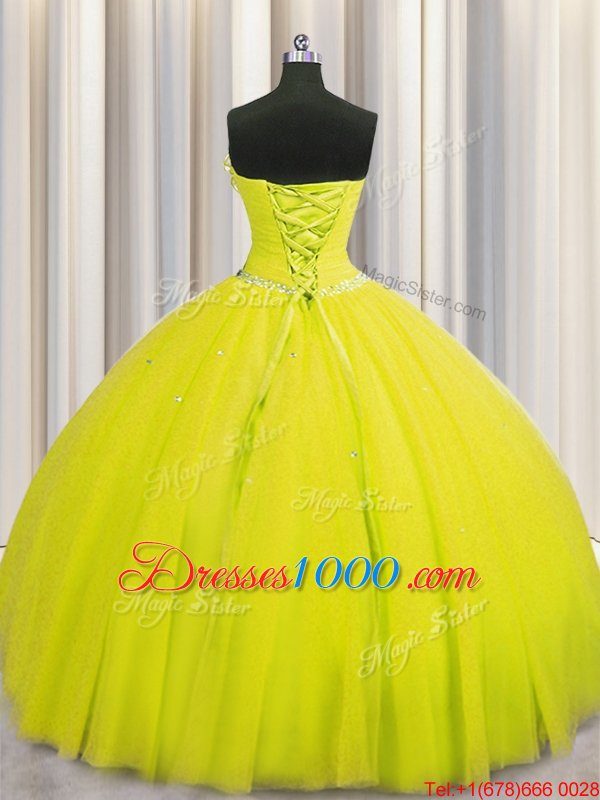 Great Handcrafted Flower Yellow Sleeveless Floor Length Beading and Sequins and Hand Made Flower Lace Up Quinceanera Gown