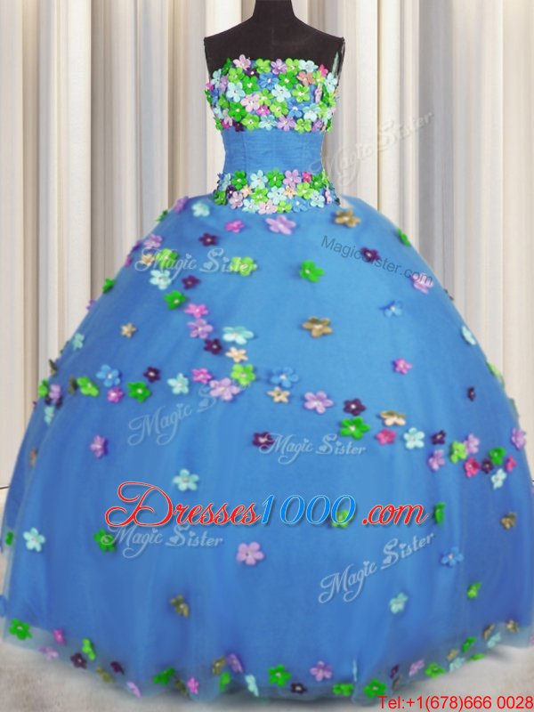 Cute Sleeveless Floor Length Hand Made Flower Lace Up Sweet 16 Dress with Blue