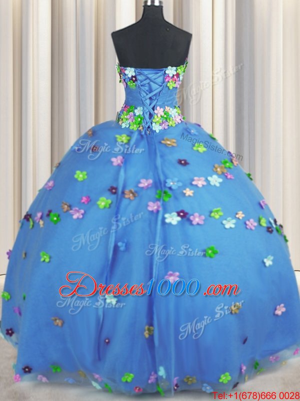 Cute Sleeveless Floor Length Hand Made Flower Lace Up Sweet 16 Dress with Blue