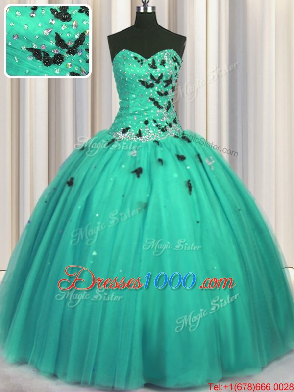 Floor Length Turquoise Ball Gown Prom Dress Sweetheart Sleeveless Lace Up