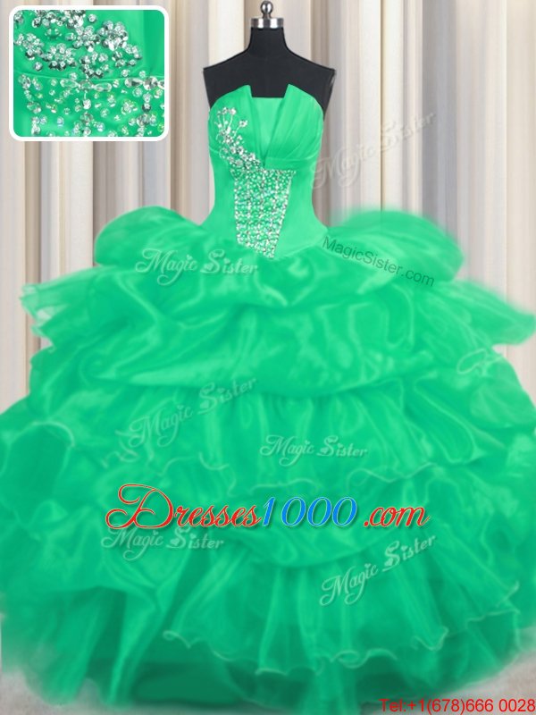 Low Price Pick Ups Ruffled Ball Gowns Quinceanera Dress Turquoise Strapless Organza Sleeveless Floor Length Lace Up