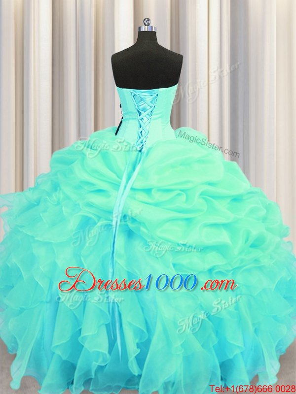 Pretty Organza Sleeveless Floor Length Ball Gown Prom Dress and Beading and Ruffles and Pick Ups