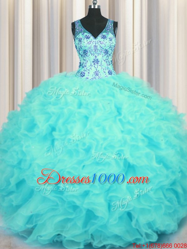 Ideal V Neck Beading and Appliques and Ruffles Sweet 16 Dresses Aqua Blue Zipper Sleeveless Floor Length