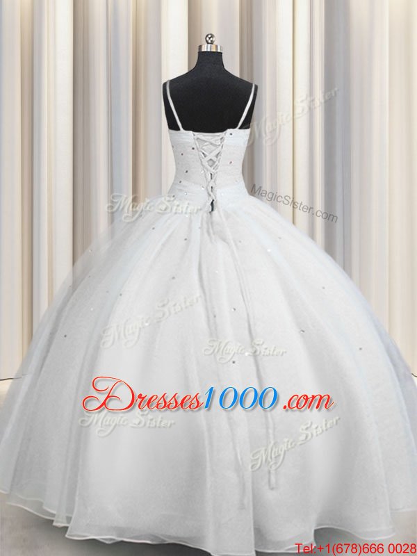 White Vestidos de Quinceanera Military Ball and Sweet 16 and Quinceanera and For with Beading and Ruching Spaghetti Straps Sleeveless Lace Up