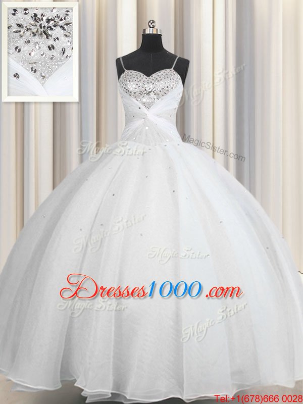 White Vestidos de Quinceanera Military Ball and Sweet 16 and Quinceanera and For with Beading and Ruching Spaghetti Straps Sleeveless Lace Up