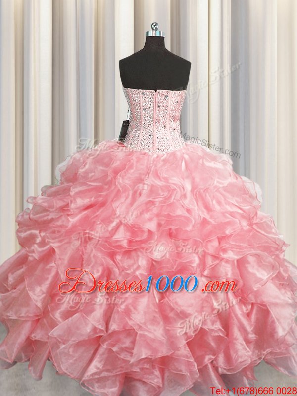 Visible Boning Zipper Up Organza Sweetheart Sleeveless Zipper Beading and Ruffles Ball Gown Prom Dress in Baby Pink