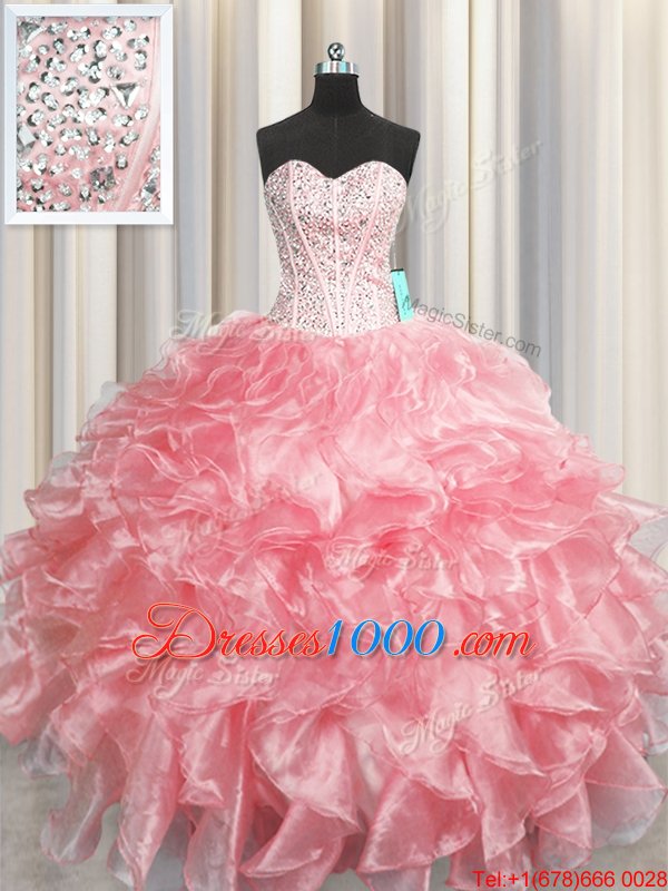 Visible Boning Zipper Up Organza Sweetheart Sleeveless Zipper Beading and Ruffles Ball Gown Prom Dress in Baby Pink