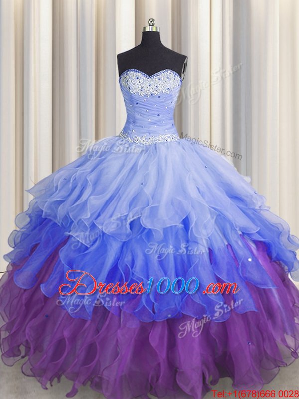Cute Floor Length Multi-color 15th Birthday Dress Organza Sleeveless Beading and Ruffles and Ruffled Layers and Sequins